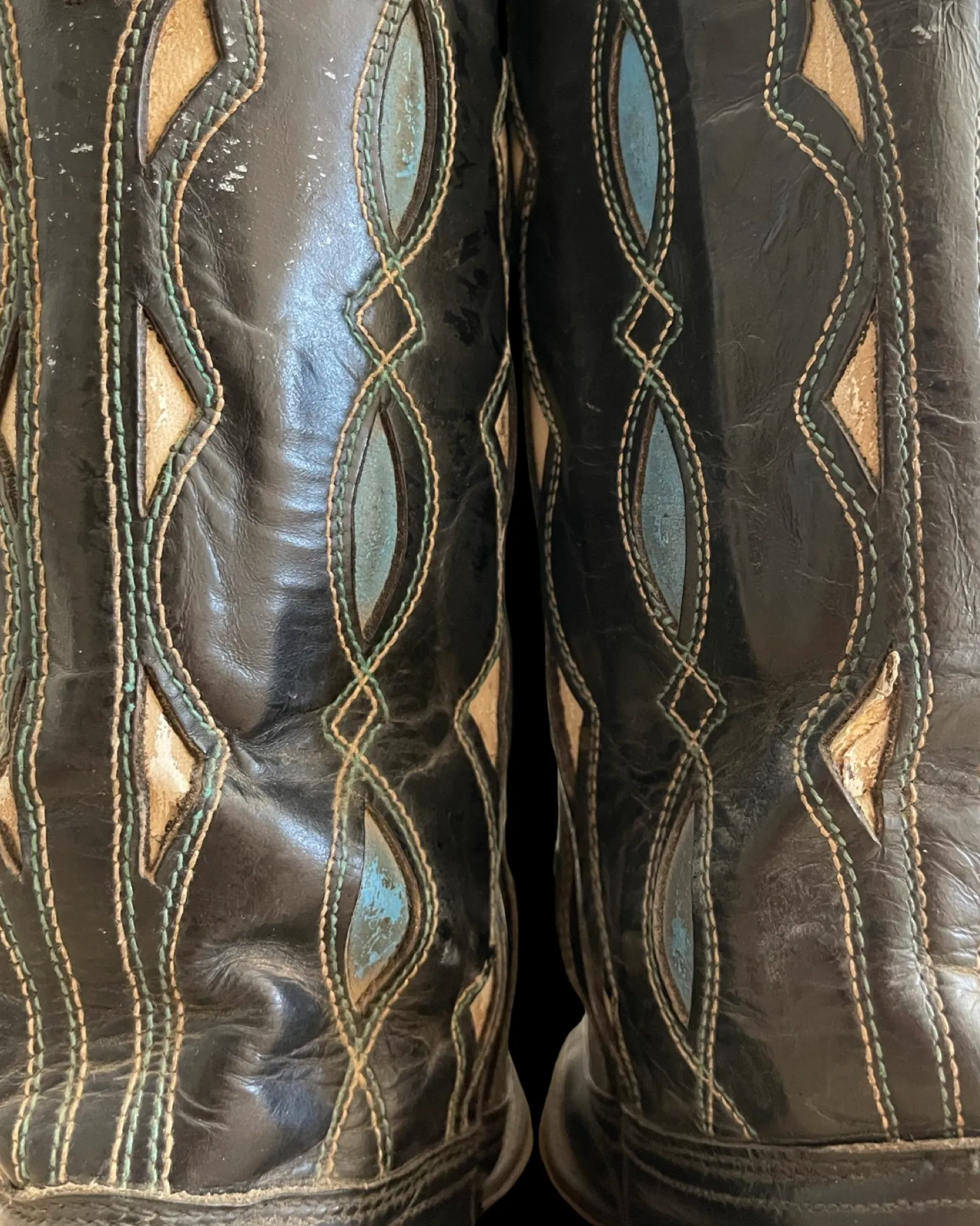 1950s/ 1960s Inlay Black Leather Pull Tab Cowboy Boots