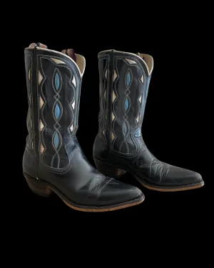 1950s/ 1960s Inlay Black Leather Pull Tab Cowboy Boots