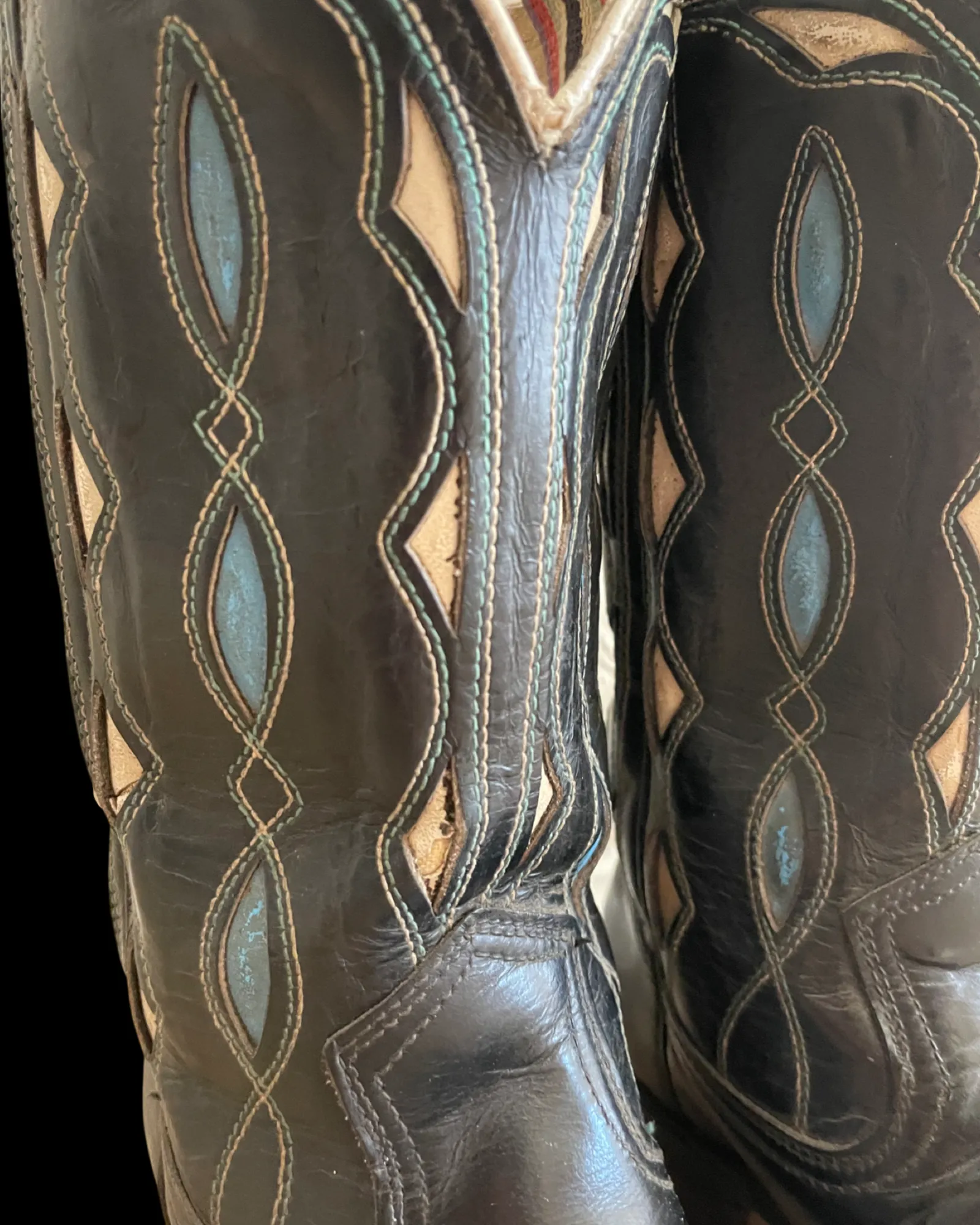 1950s/ 1960s Inlay Black Leather Pull Tab Cowboy Boots