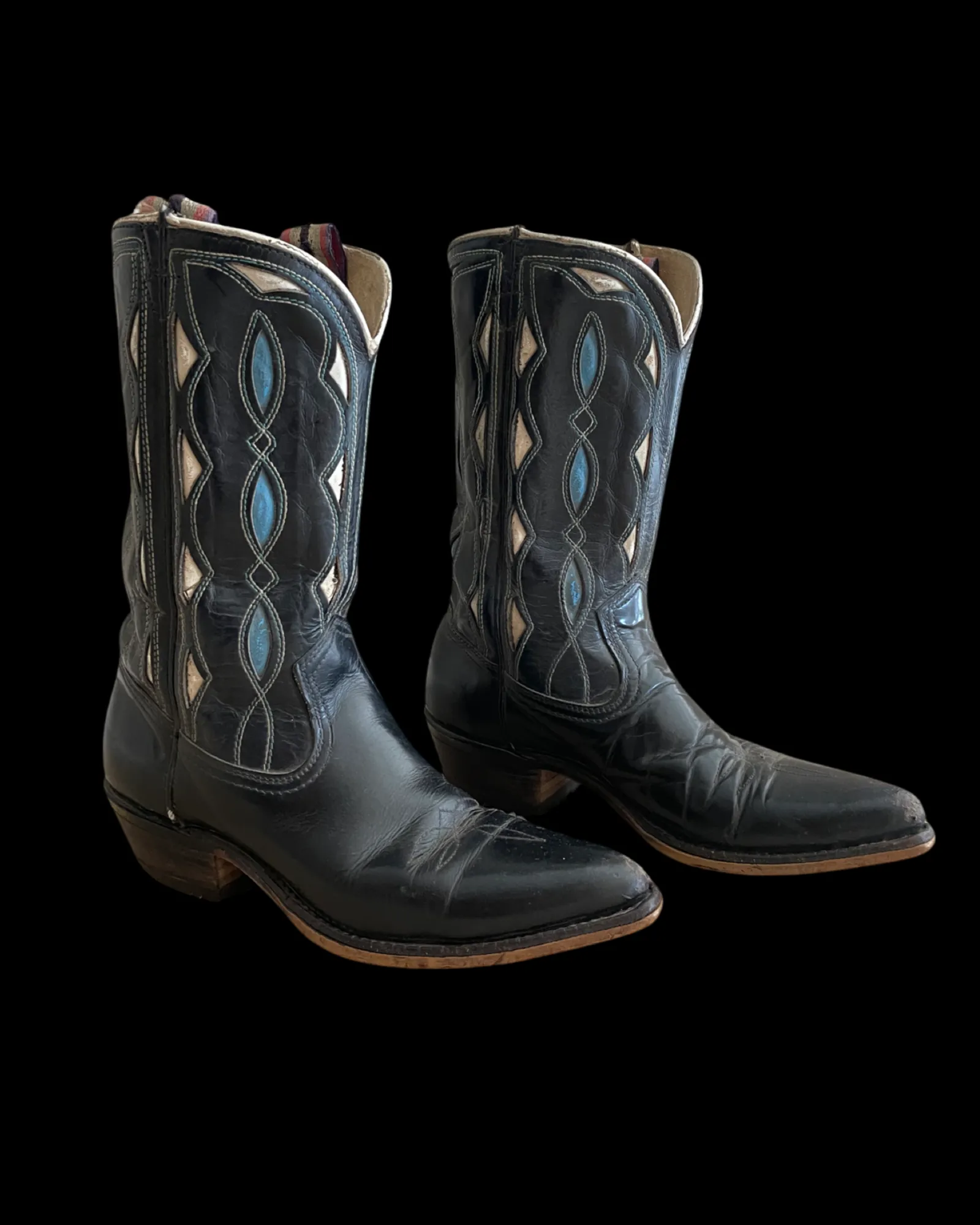 1950s/ 1960s Inlay Black Leather Pull Tab Cowboy Boots