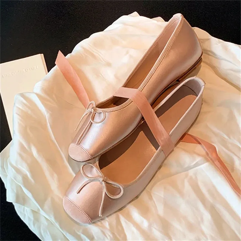 ADVBRIDGE  Fashion Design Silk Ballerinas Women Pumps Slip on Loafers Round Toe Square Heels Bowknot Casual Spring Autumn Shoes