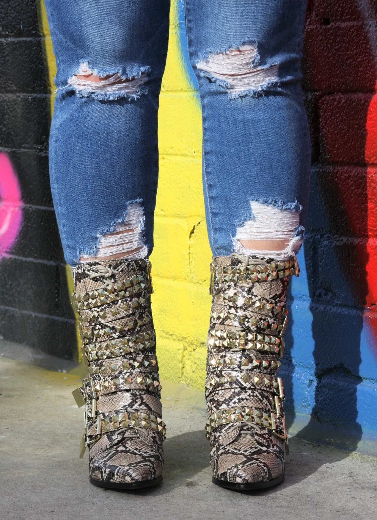Animaal Nude Snake Printed Booties With Gold Ornaments