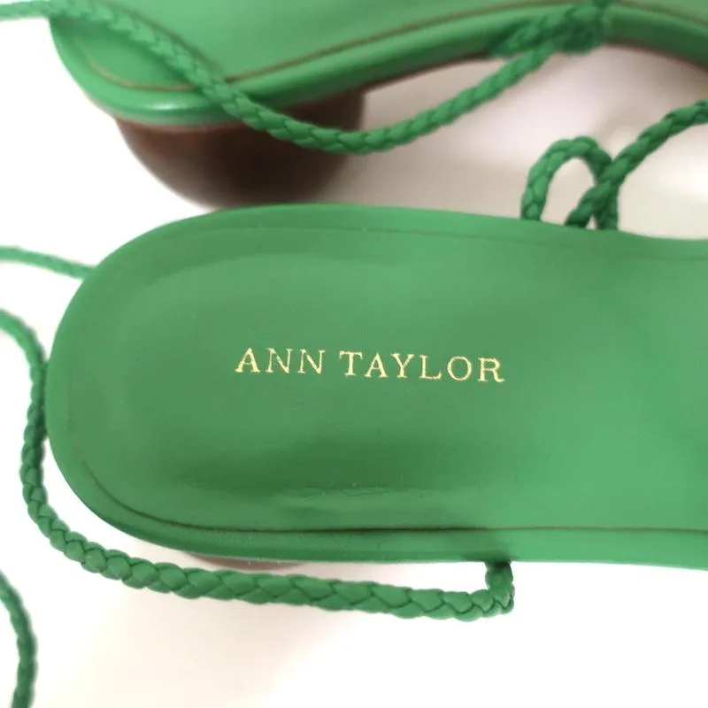 Ann Taylor Wood Heel Wrap Sandals Samantha Green Braided Leather Size 6.5 NEW
