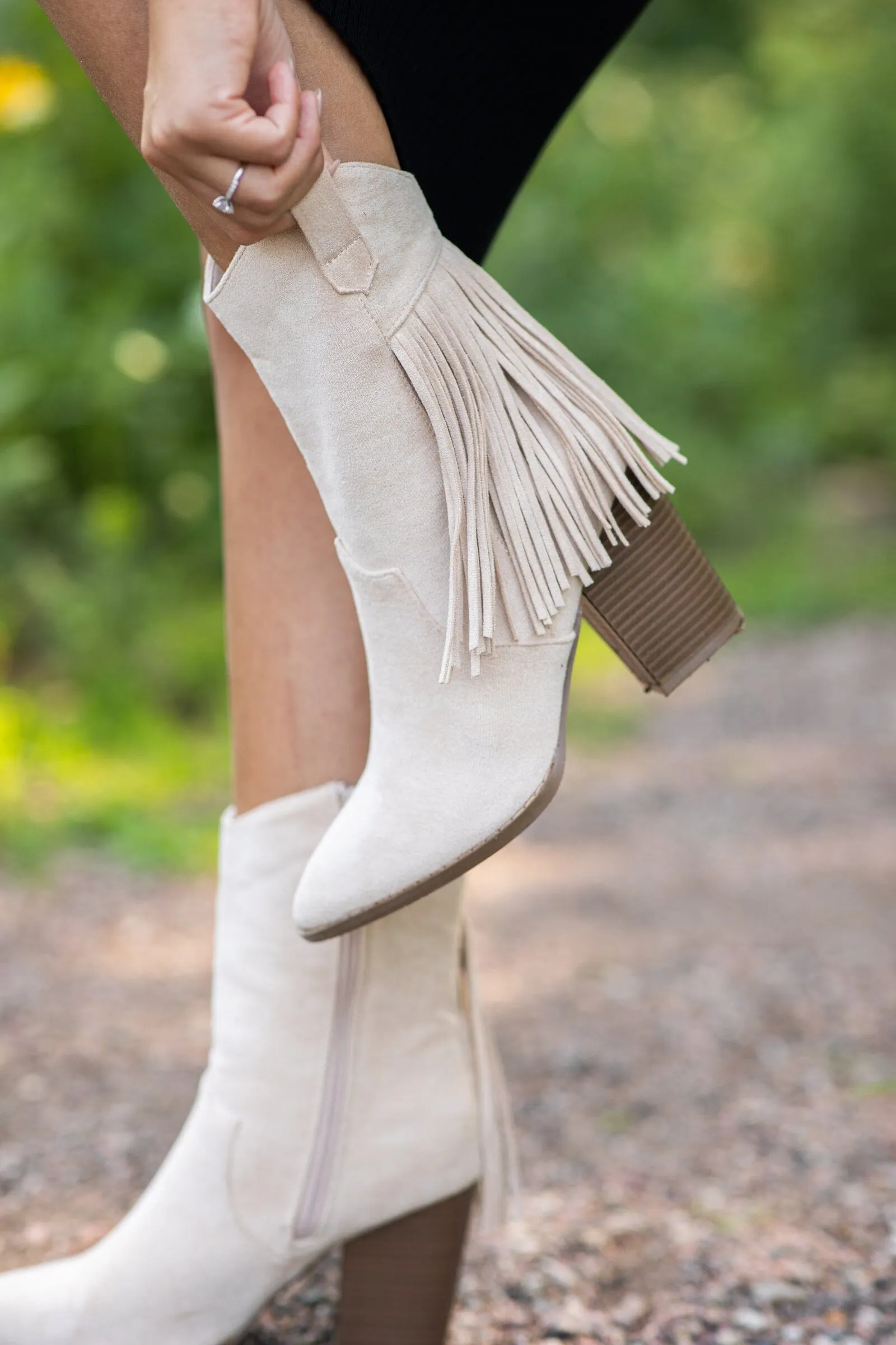 Beige Mid Calf Boots With Fringe Detail