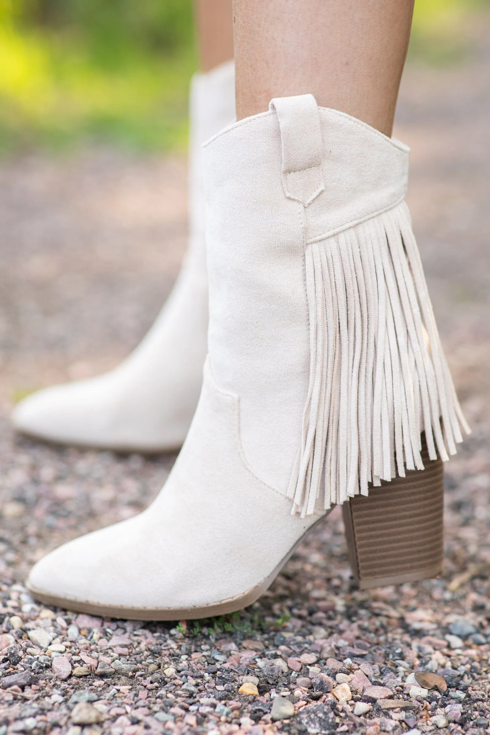 Beige Mid Calf Boots With Fringe Detail