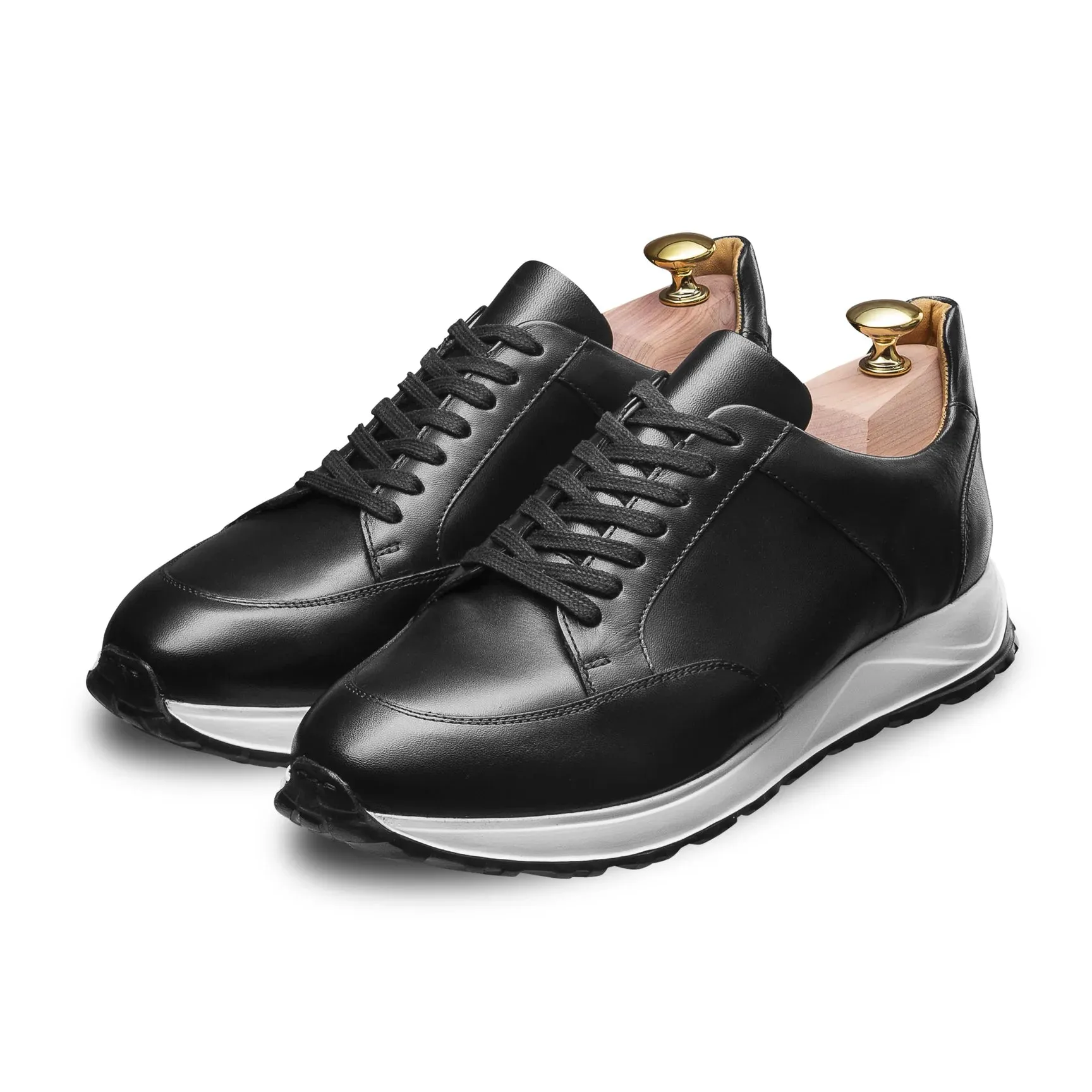 Black Leather Lace Up Running Sneaker Shoes-Sneakers Shoes