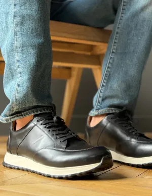 Black Leather Lace Up Running Sneaker Shoes-Sneakers Shoes