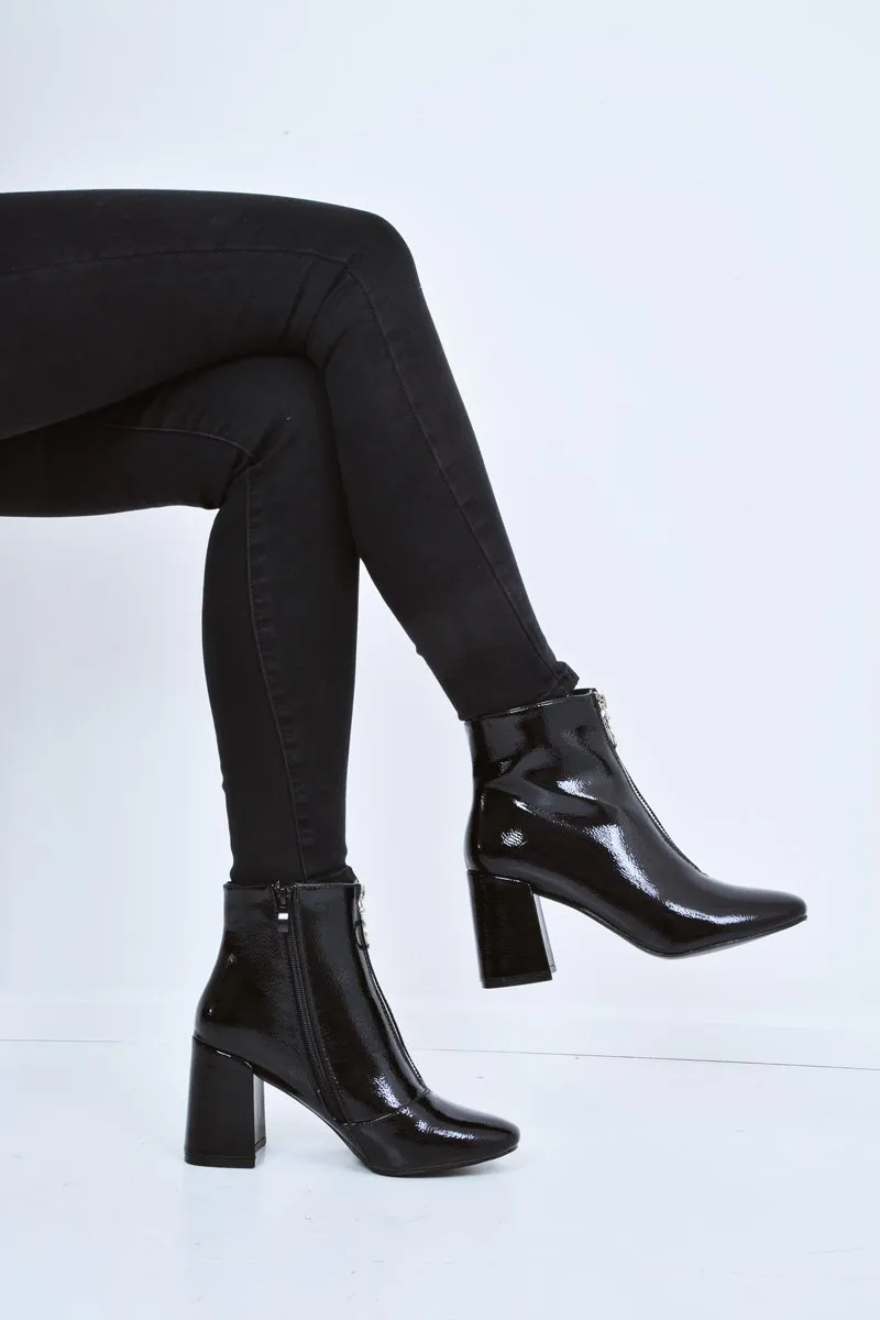 Black Patent Zip Front Ring Pull Block Heel Boots - Mischa