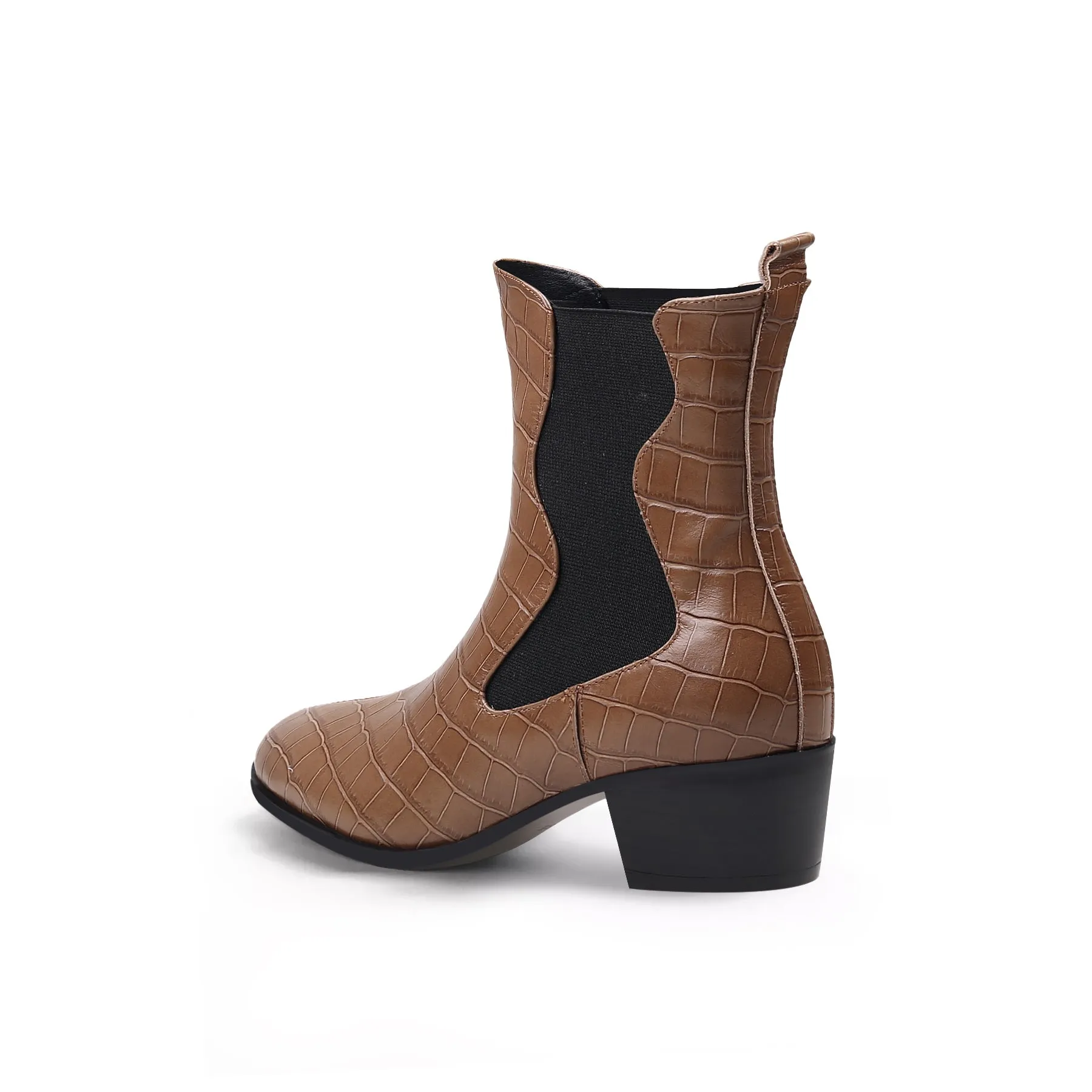 Block Heel Croc Pattern Leather Chelsea Bootie - Brown