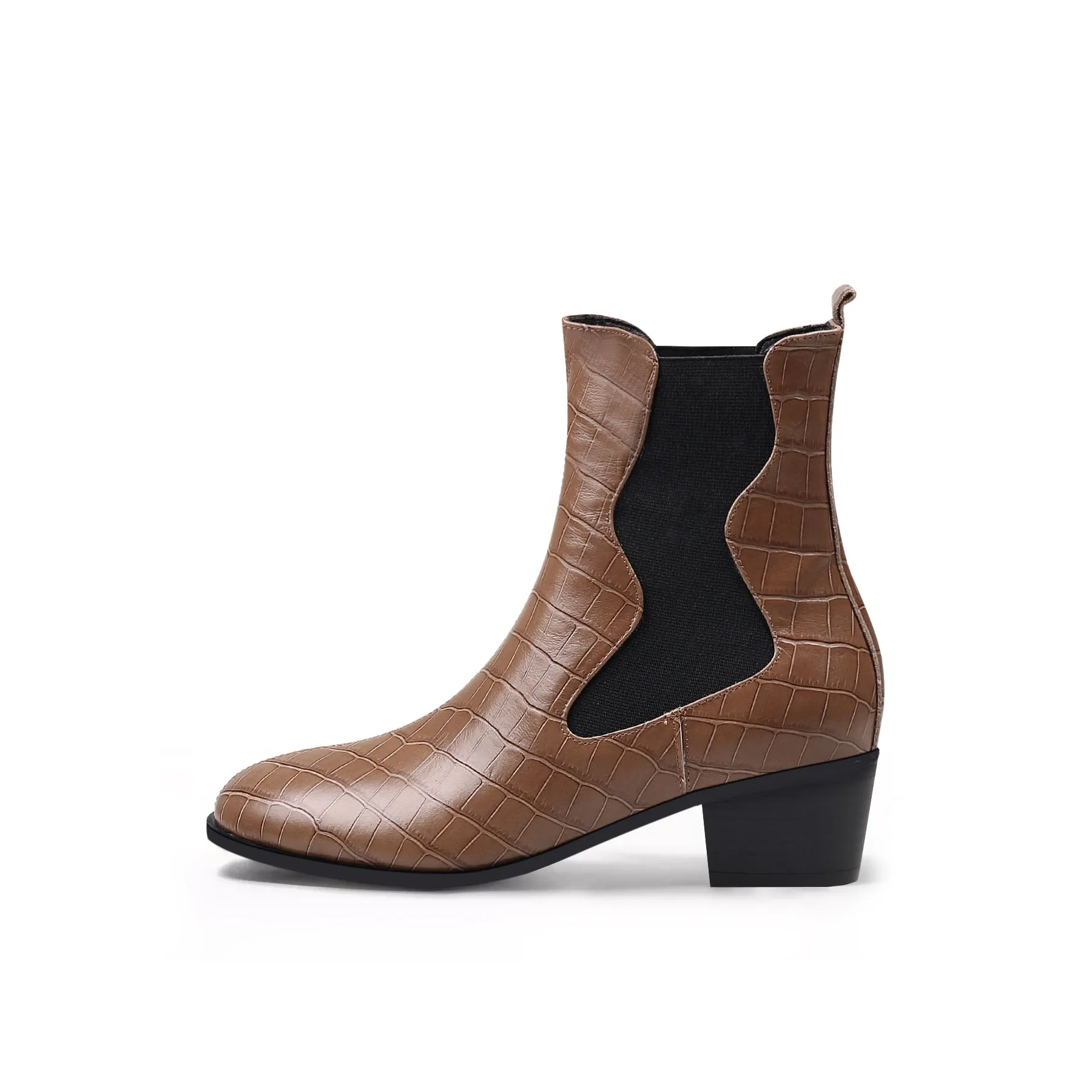 Block Heel Croc Pattern Leather Chelsea Bootie - Brown