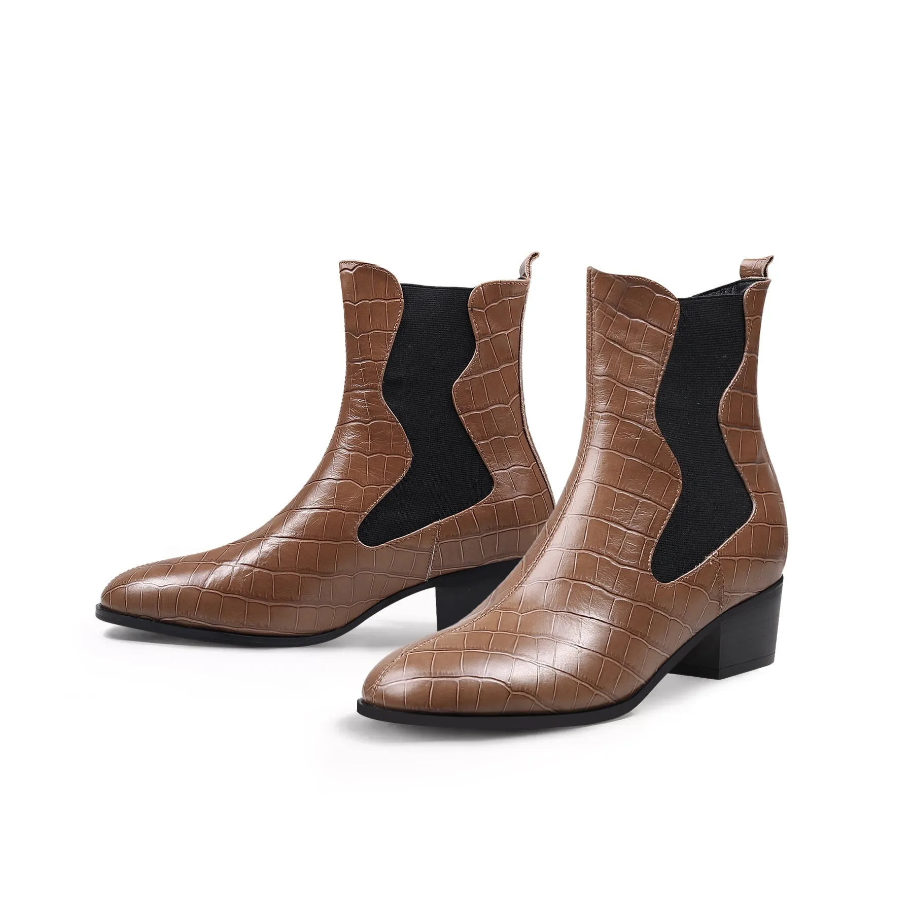 Block Heel Croc Pattern Leather Chelsea Bootie - Brown