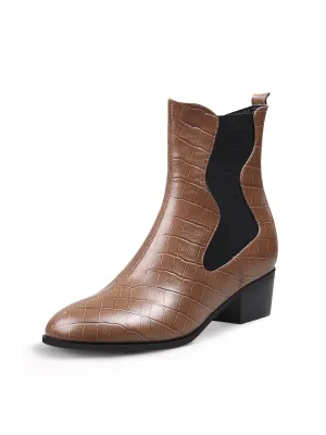 Block Heel Croc Pattern Leather Chelsea Bootie - Brown
