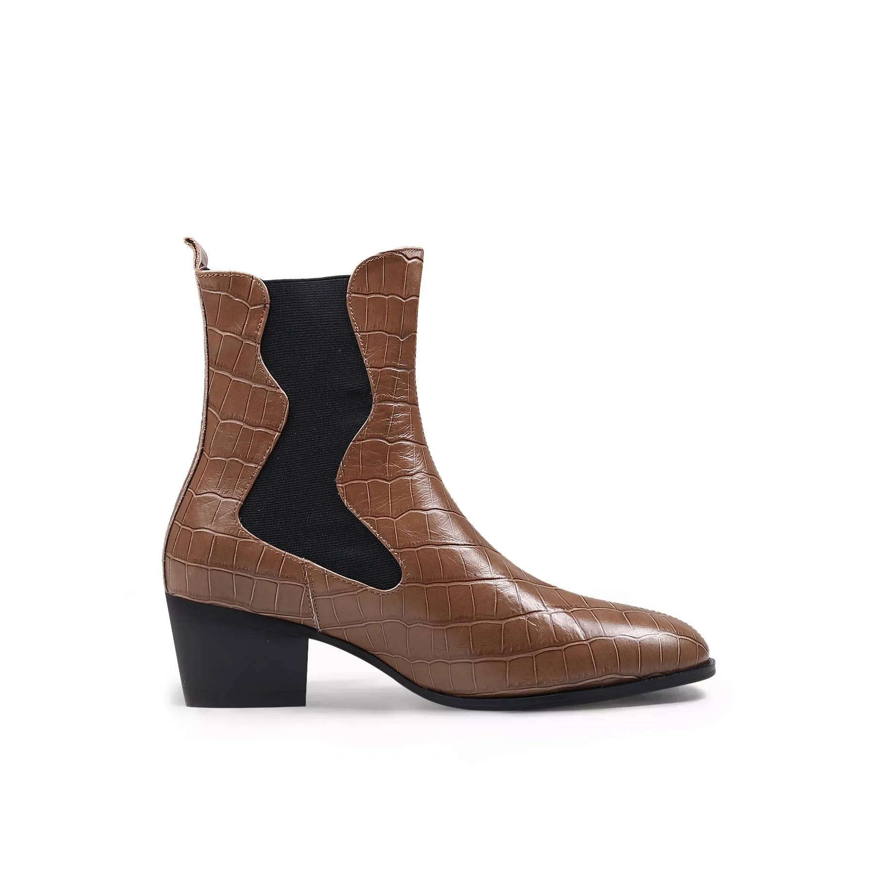 Block Heel Croc Pattern Leather Chelsea Bootie - Brown