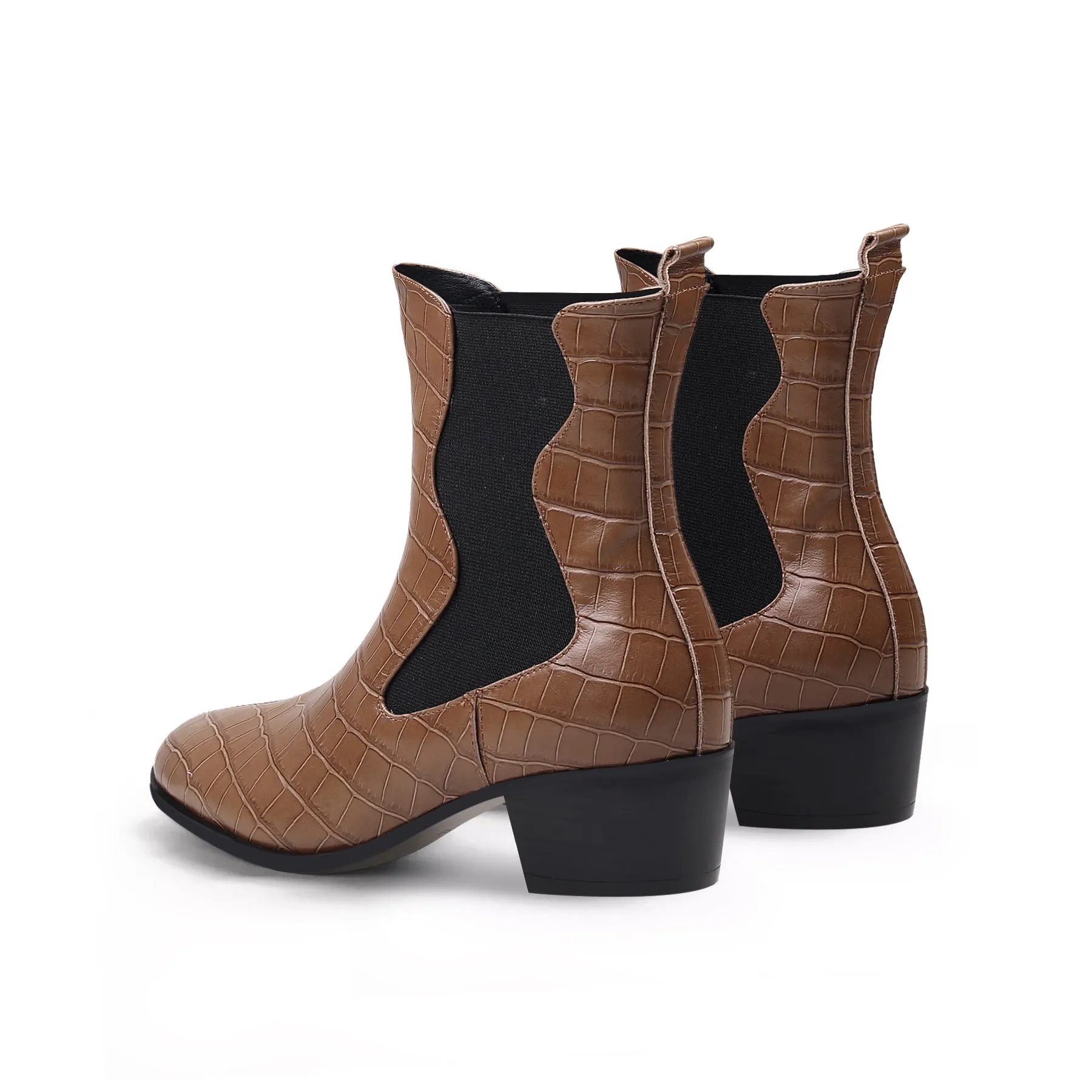 Block Heel Croc Pattern Leather Chelsea Bootie - Brown