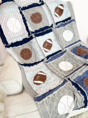 Blue Sports Nursery Bedding Handmade Quilts for Sale, Sports Theme Rag Quilt, Twin Bedding also Available, Baby Boy