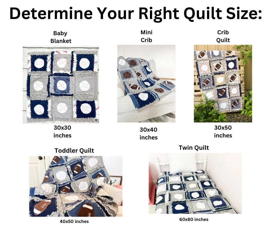 Blue Sports Nursery Bedding Handmade Quilts for Sale, Sports Theme Rag Quilt, Twin Bedding also Available, Baby Boy
