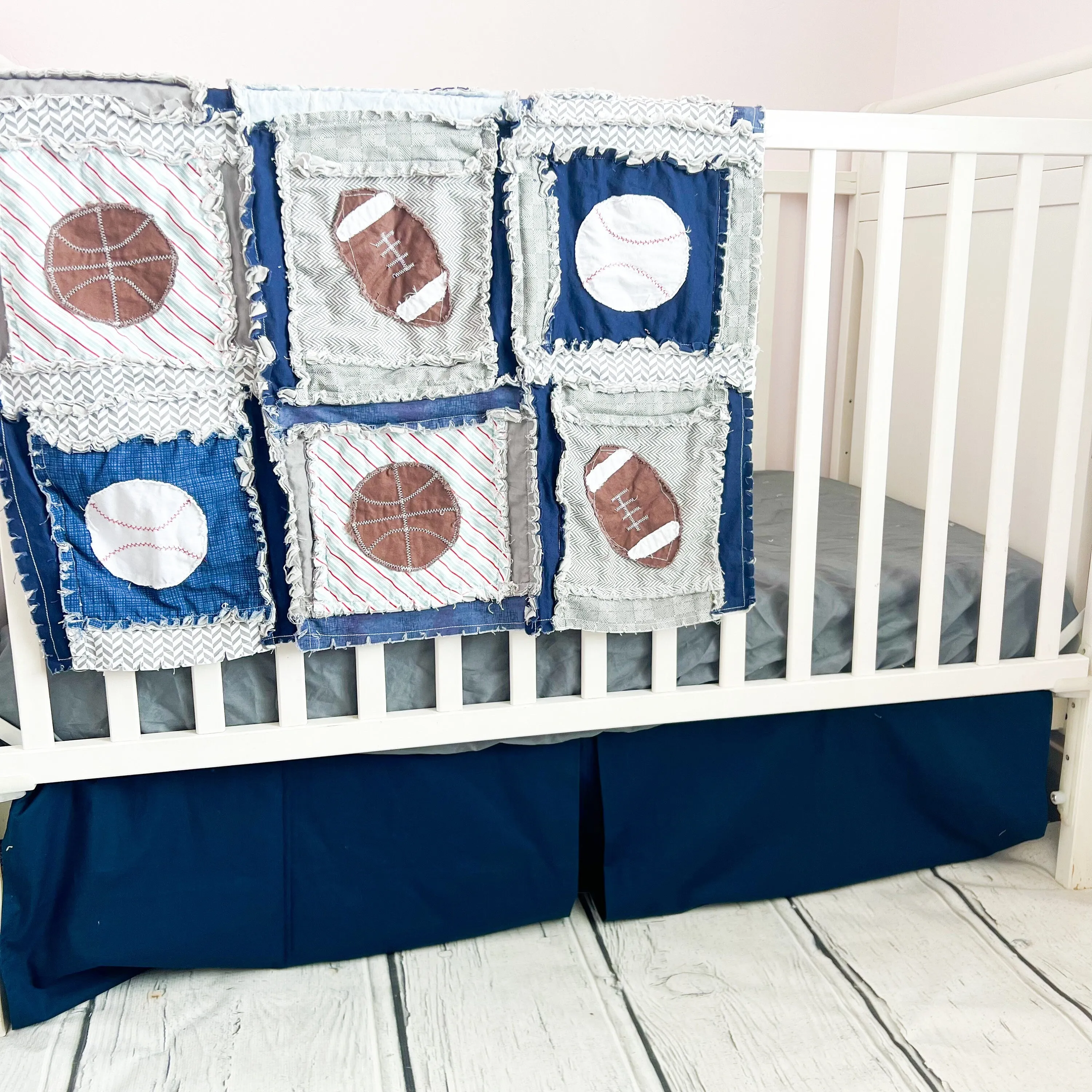 Blue Sports Nursery Bedding Handmade Quilts for Sale, Sports Theme Rag Quilt, Twin Bedding also Available, Baby Boy