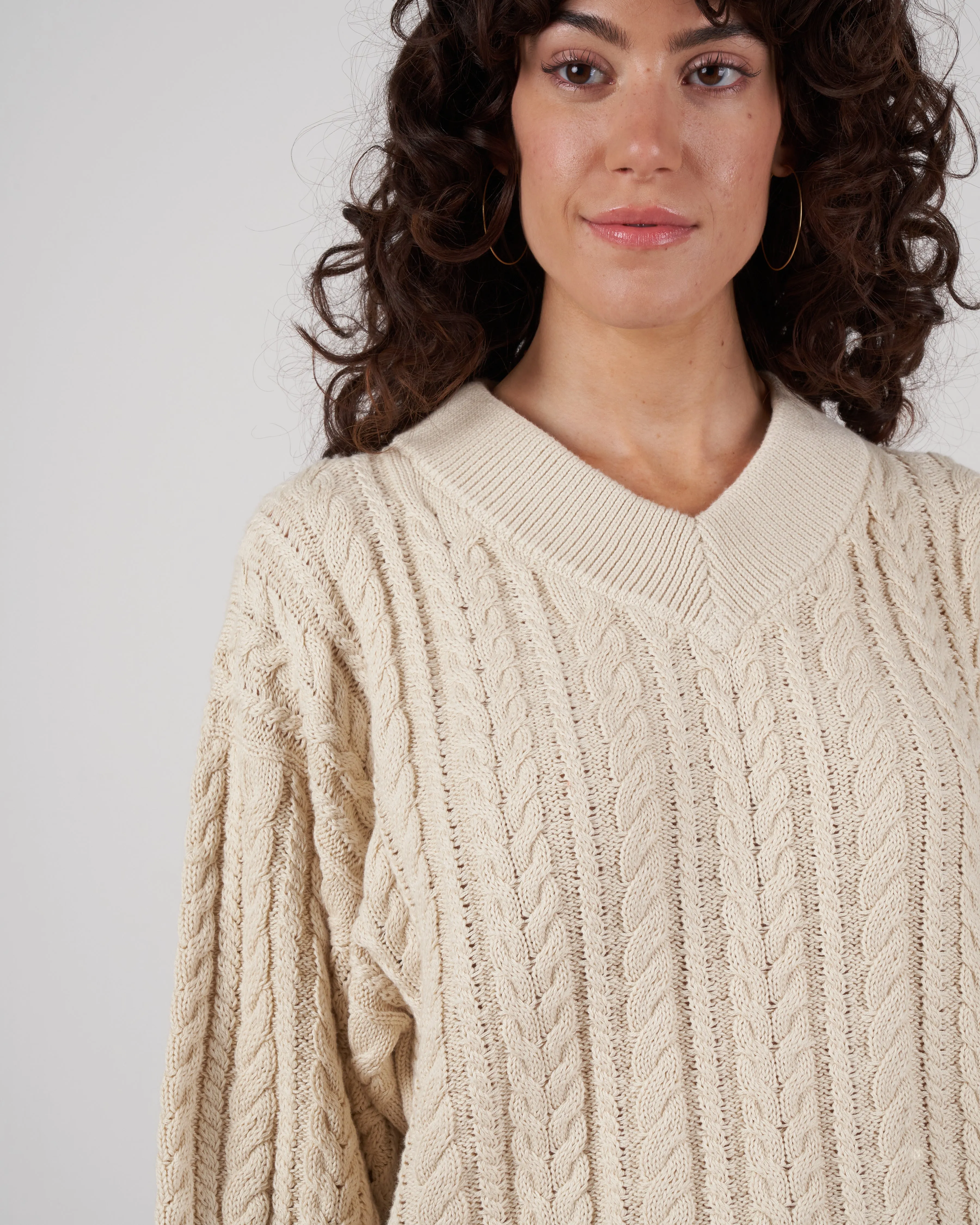 cable v-neck tunic - ivory