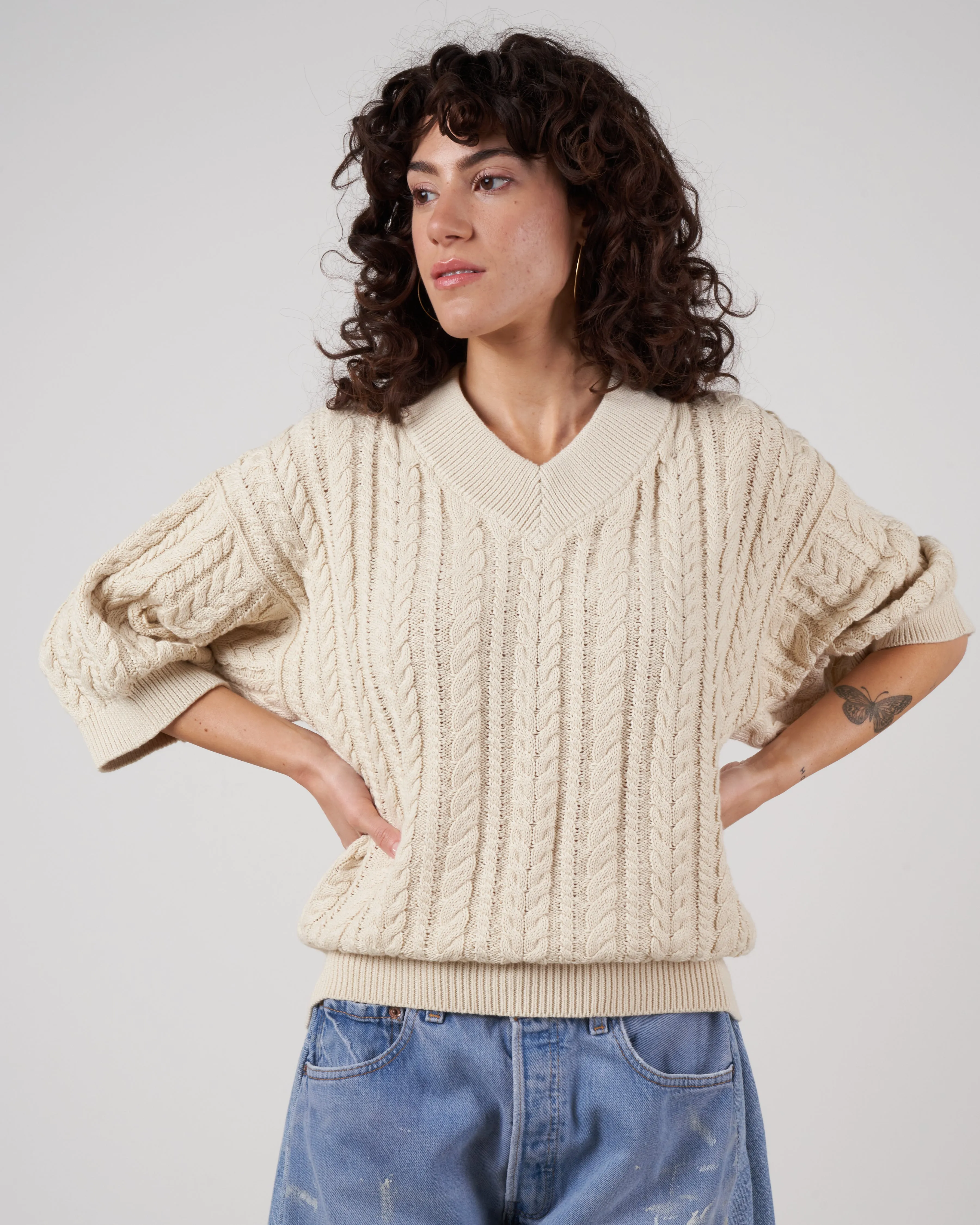 cable v-neck tunic - ivory