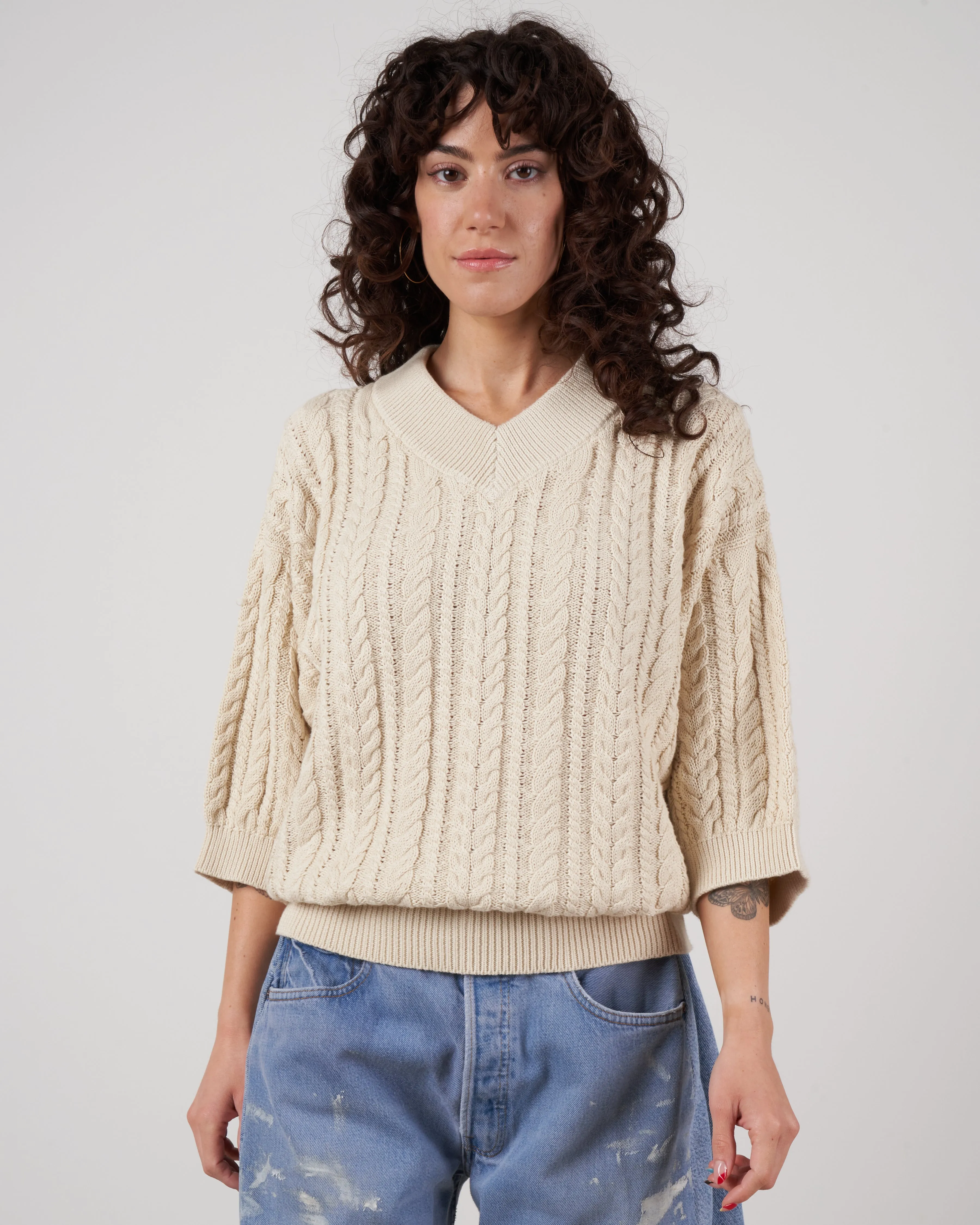 cable v-neck tunic - ivory