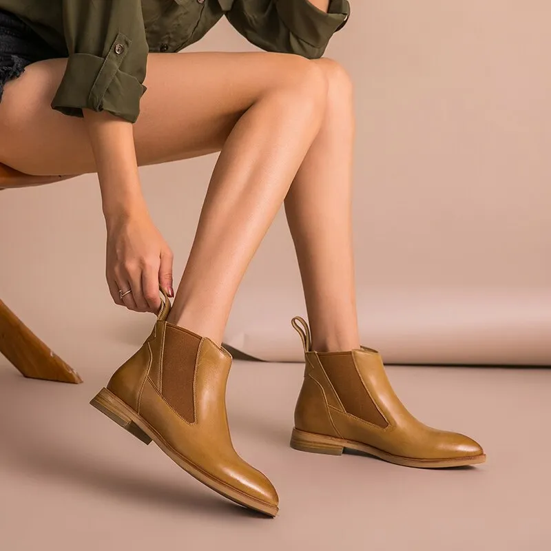 Chelsea Ankle Boots Women Genuine Cow Leather Elastic Band Pointed Toe High Quality Lady Shoes Handmade