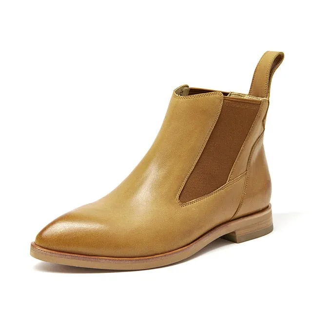 Chelsea Ankle Boots Women Genuine Cow Leather Elastic Band Pointed Toe High Quality Lady Shoes Handmade