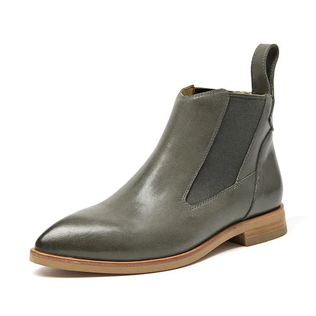 Chelsea Ankle Boots Women Genuine Cow Leather Elastic Band Pointed Toe High Quality Lady Shoes Handmade