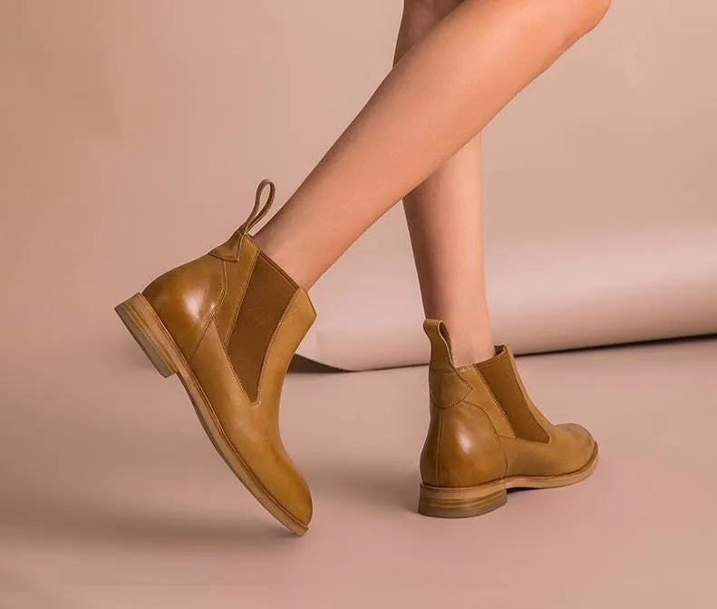 Chelsea Ankle Boots Women Genuine Cow Leather Elastic Band Pointed Toe High Quality Lady Shoes Handmade