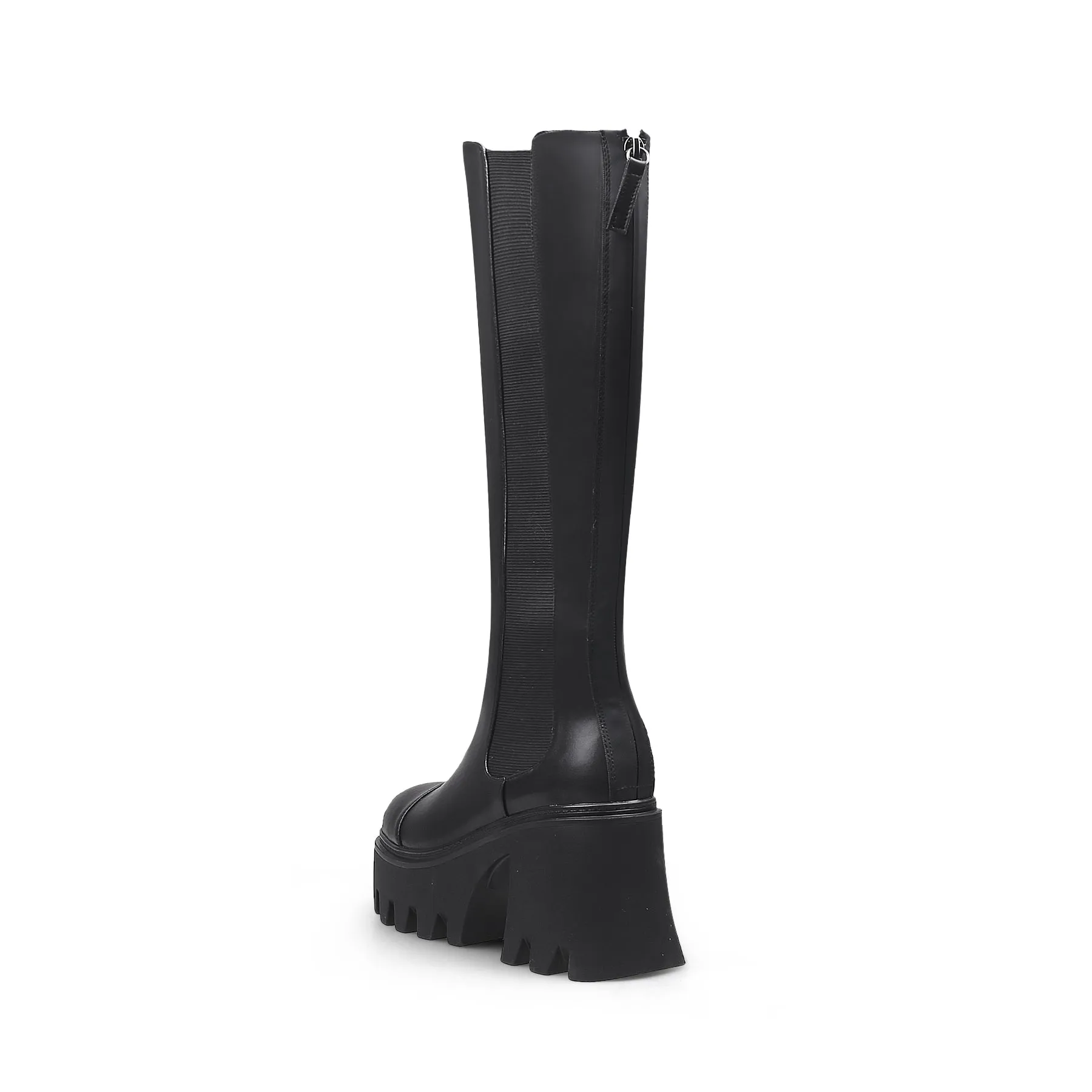 Chunky Heel Knee High Leather Boot - Black