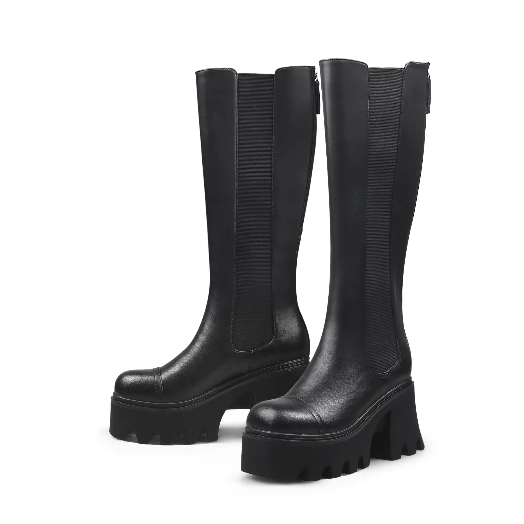Chunky Heel Knee High Leather Boot - Black