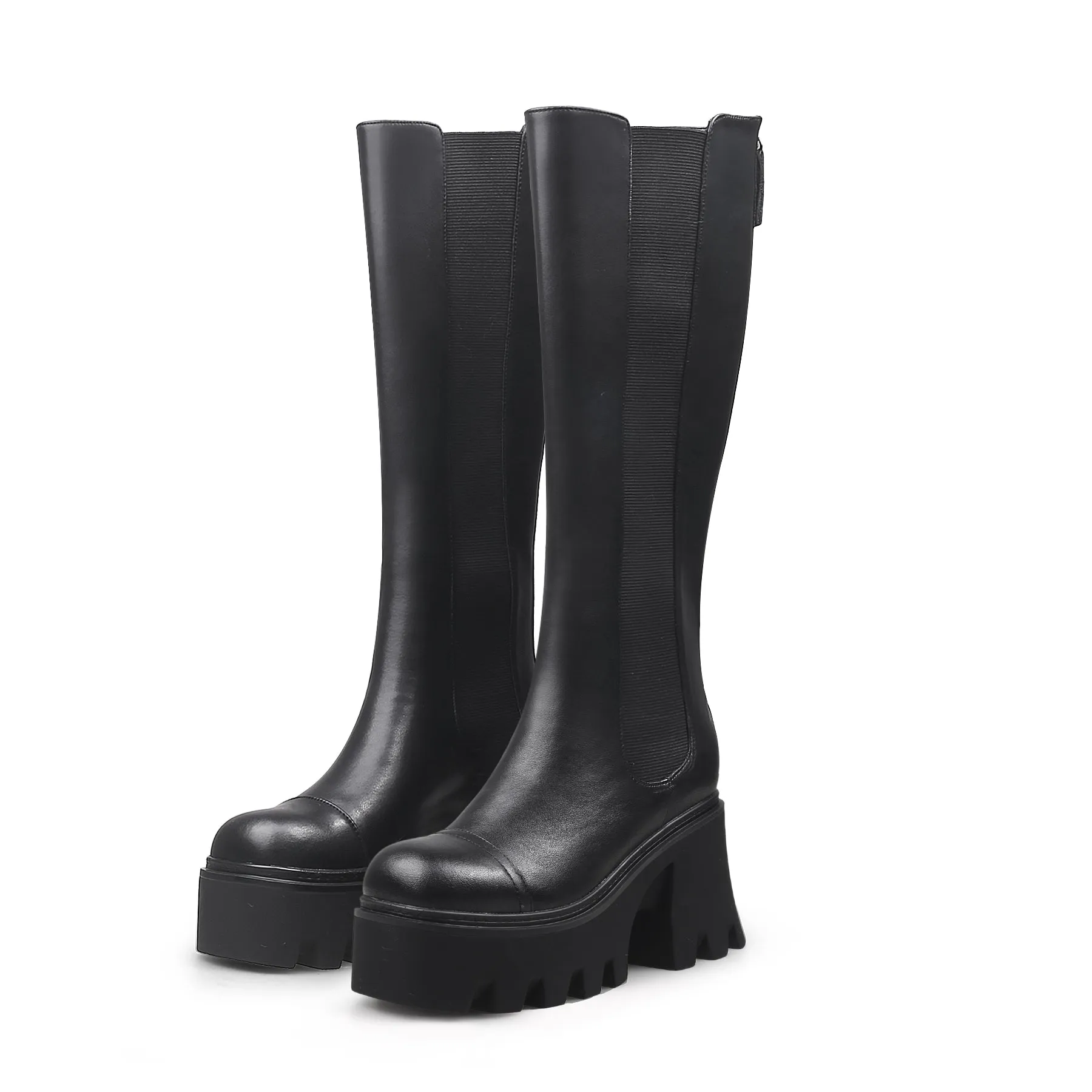 Chunky Heel Knee High Leather Boot - Black
