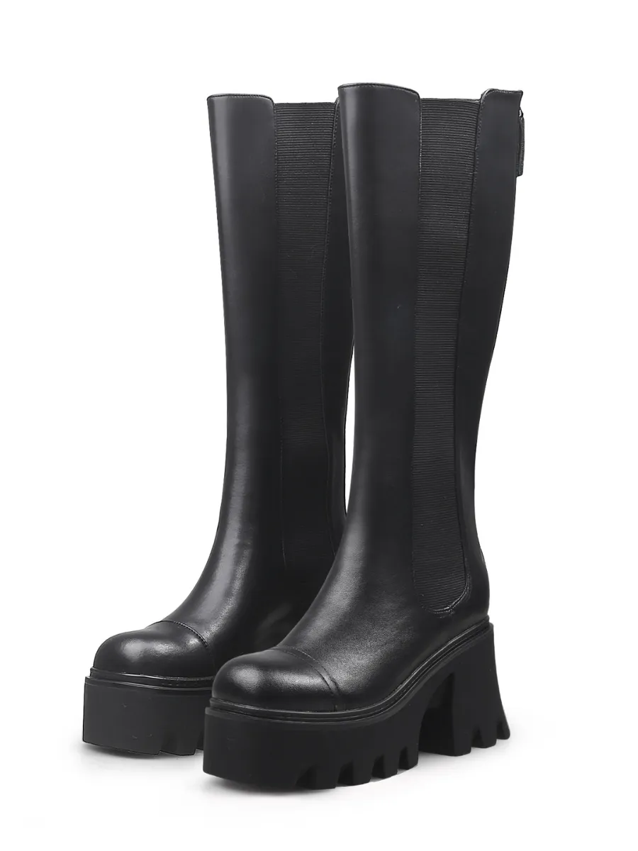 Chunky Heel Knee High Leather Boot - Black