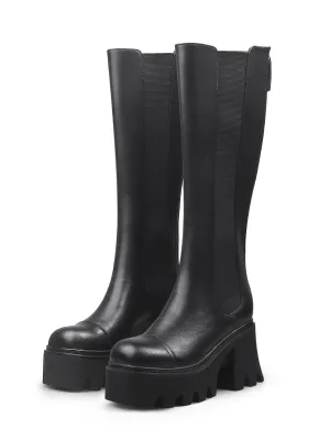 Chunky Heel Knee High Leather Boot - Black
