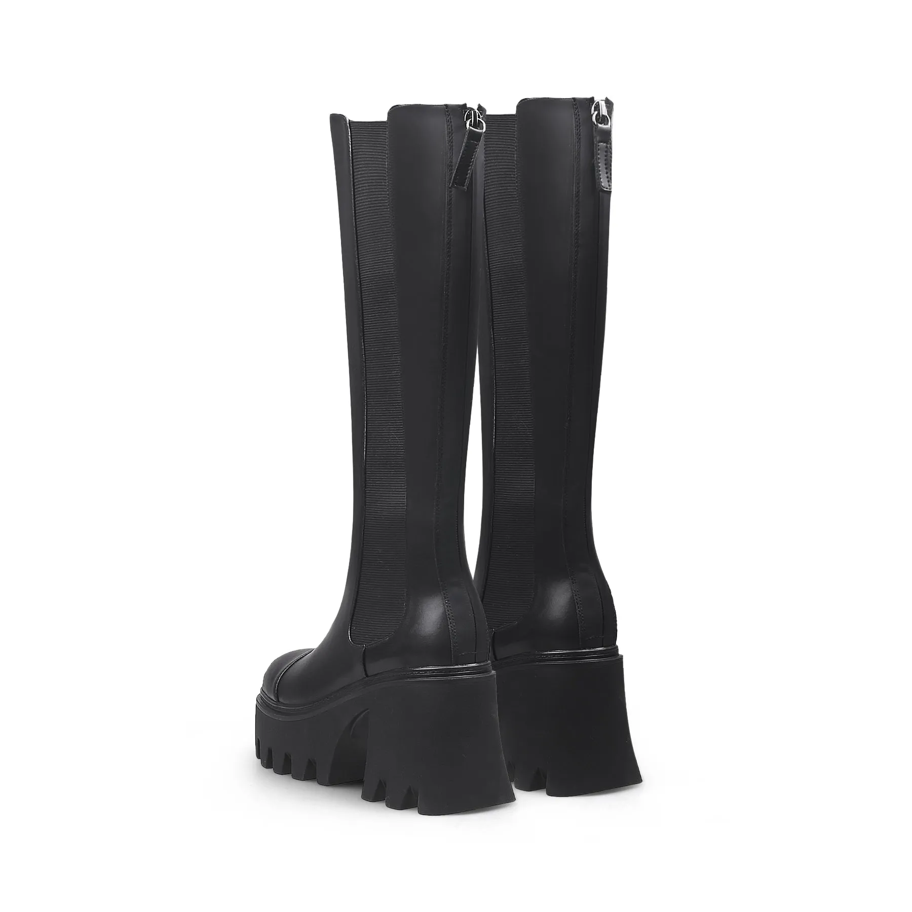 Chunky Heel Knee High Leather Boot - Black