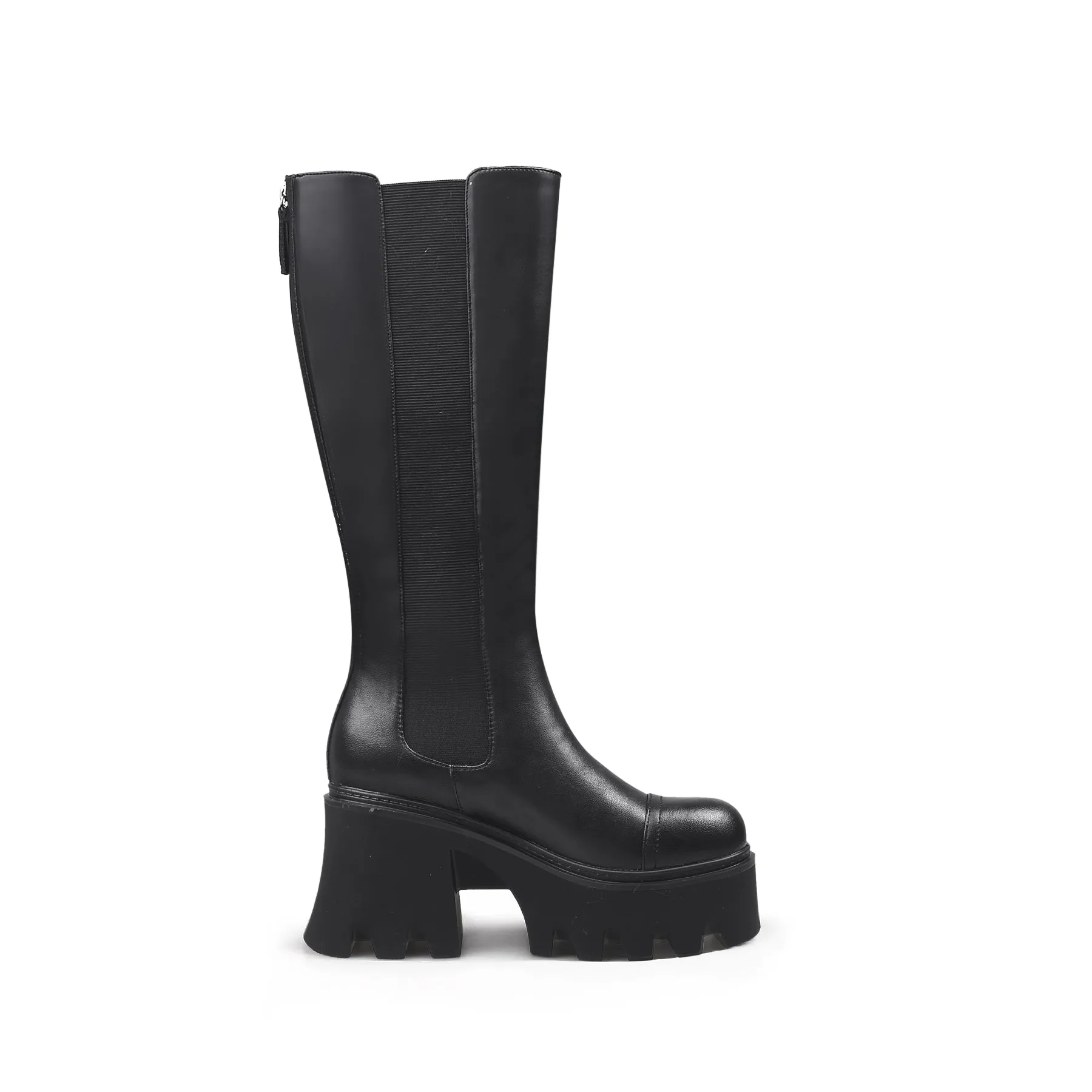 Chunky Heel Knee High Leather Boot - Black