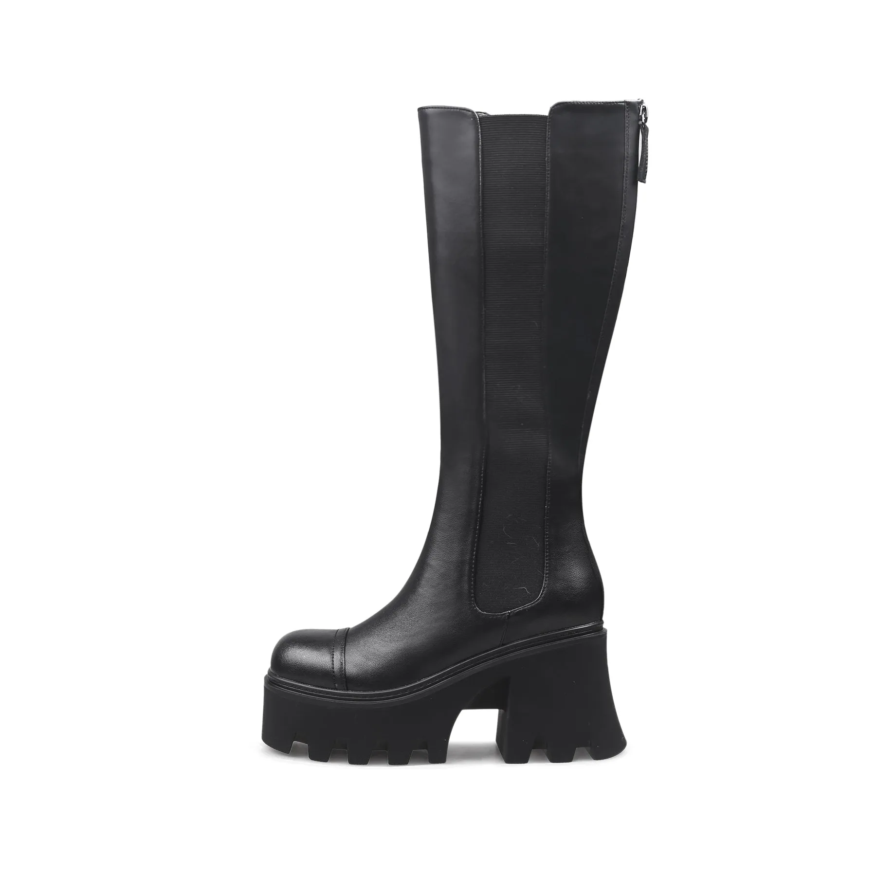 Chunky Heel Knee High Leather Boot - Black