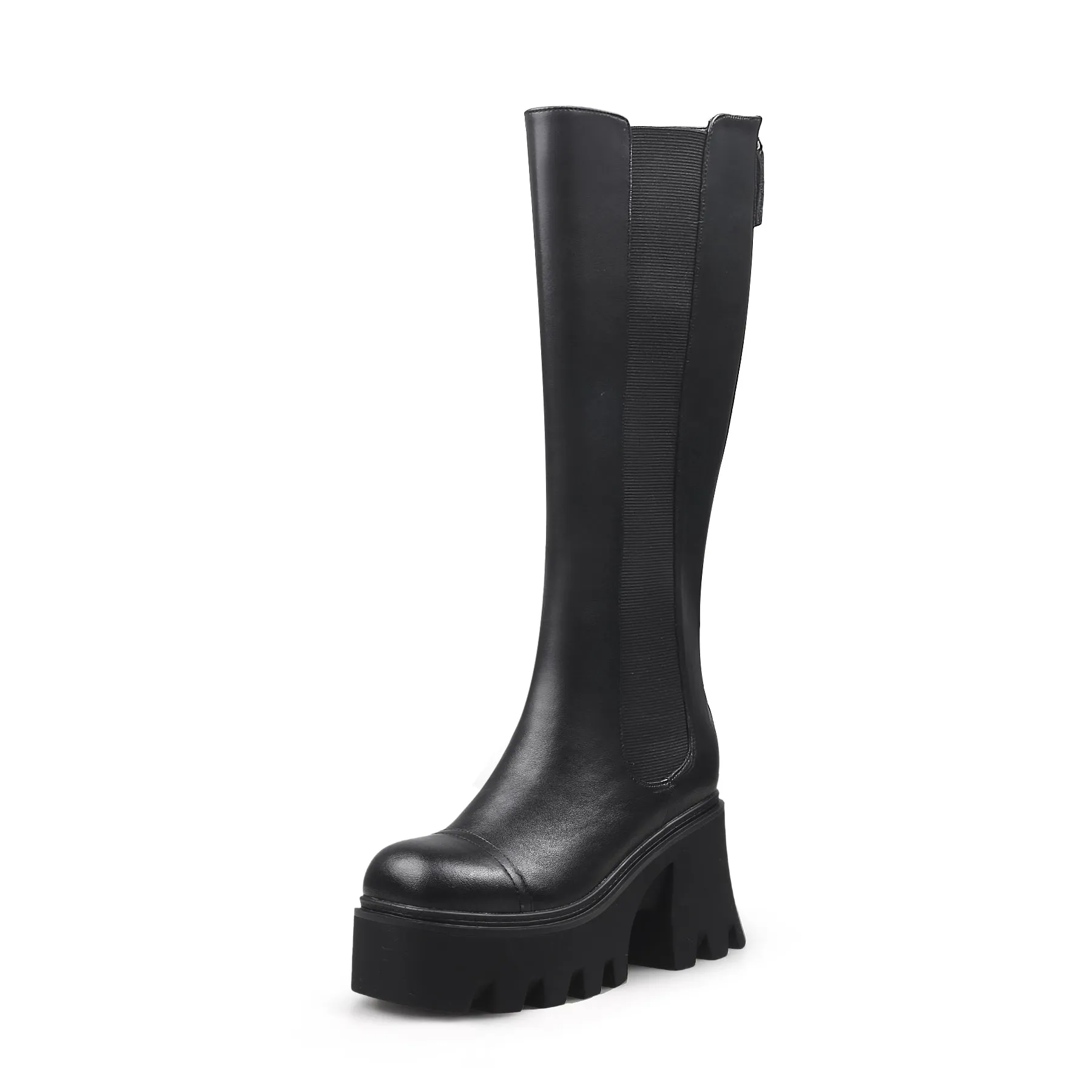 Chunky Heel Knee High Leather Boot - Black