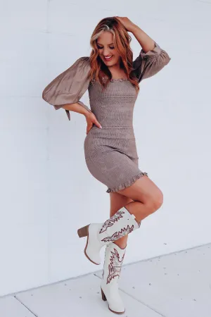Enterprise Smocked Tie Sleeve Mini Dress - Brown