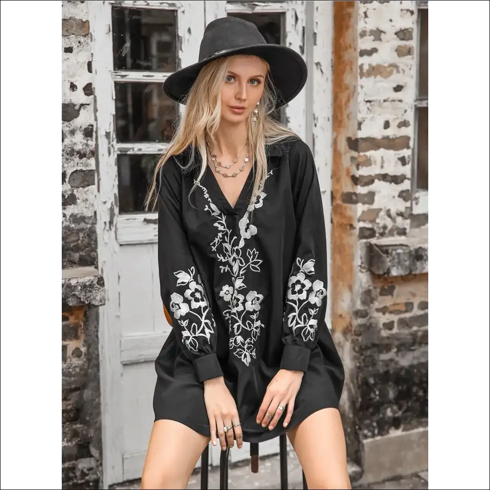 Floral Collared Neck Long Sleeve Dress