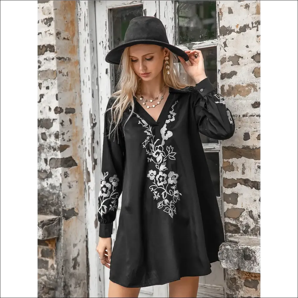 Floral Collared Neck Long Sleeve Dress