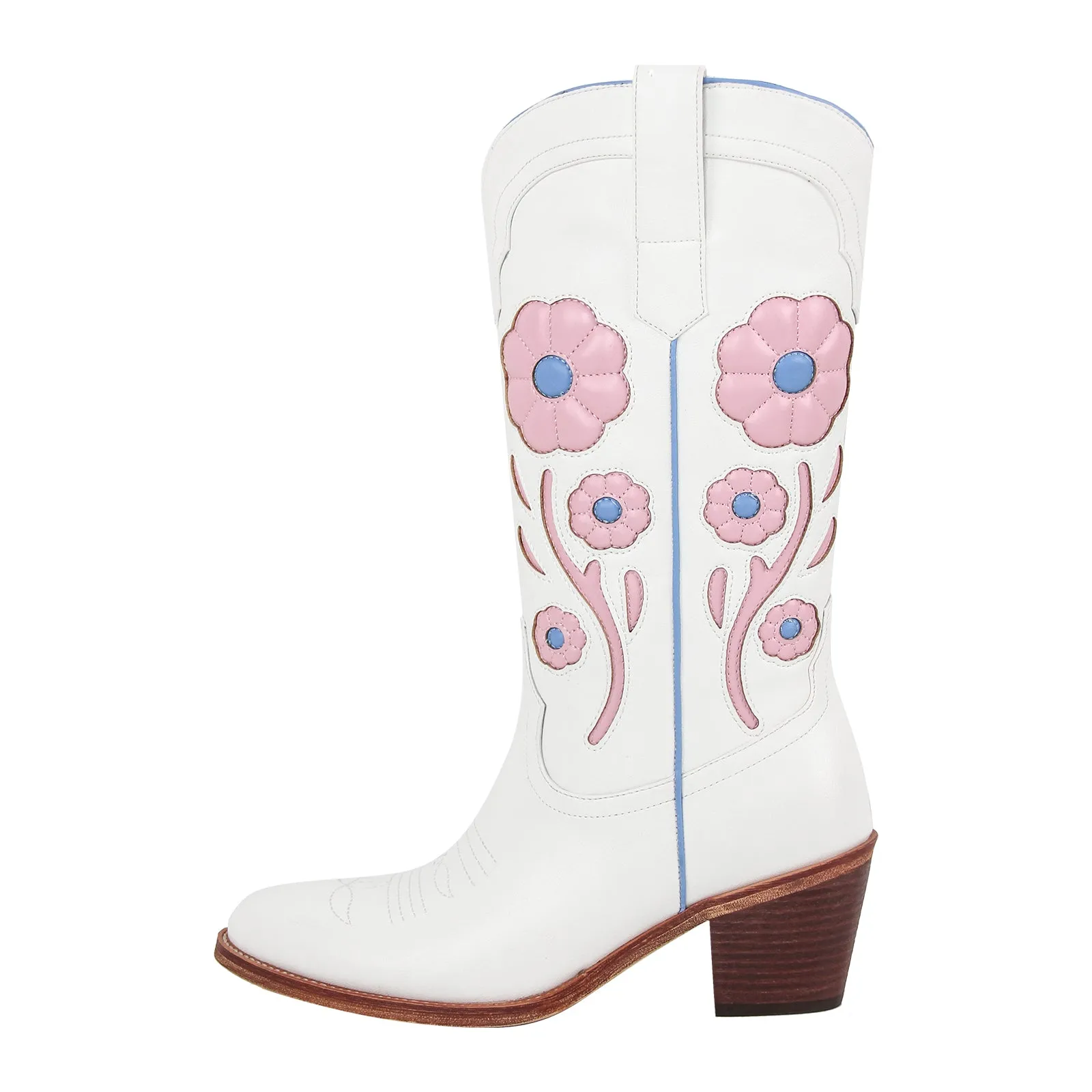 Flower Chunky Heel Mid-Calf Cowgirl Boots