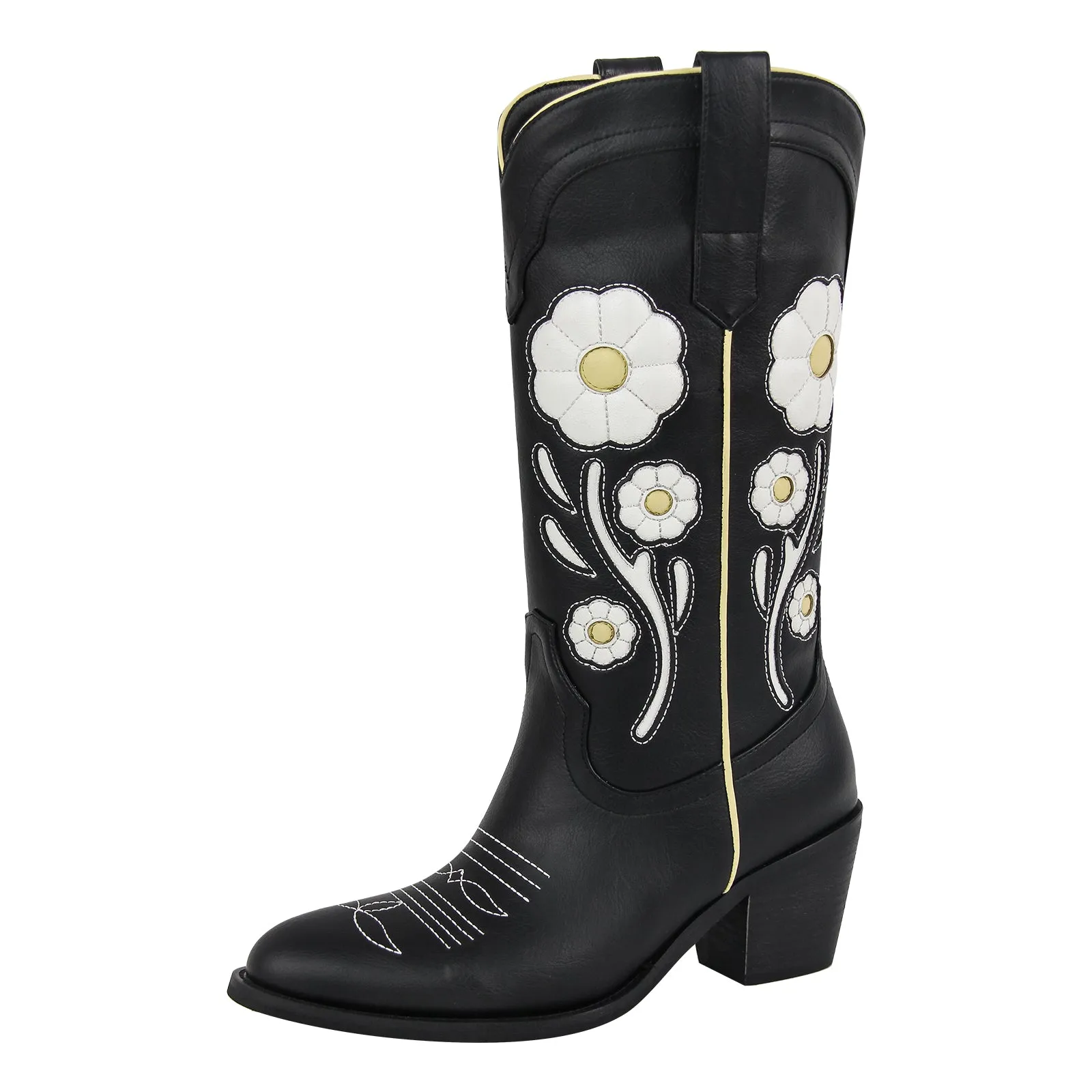 Flower Chunky Heel Mid-Calf Cowgirl Boots