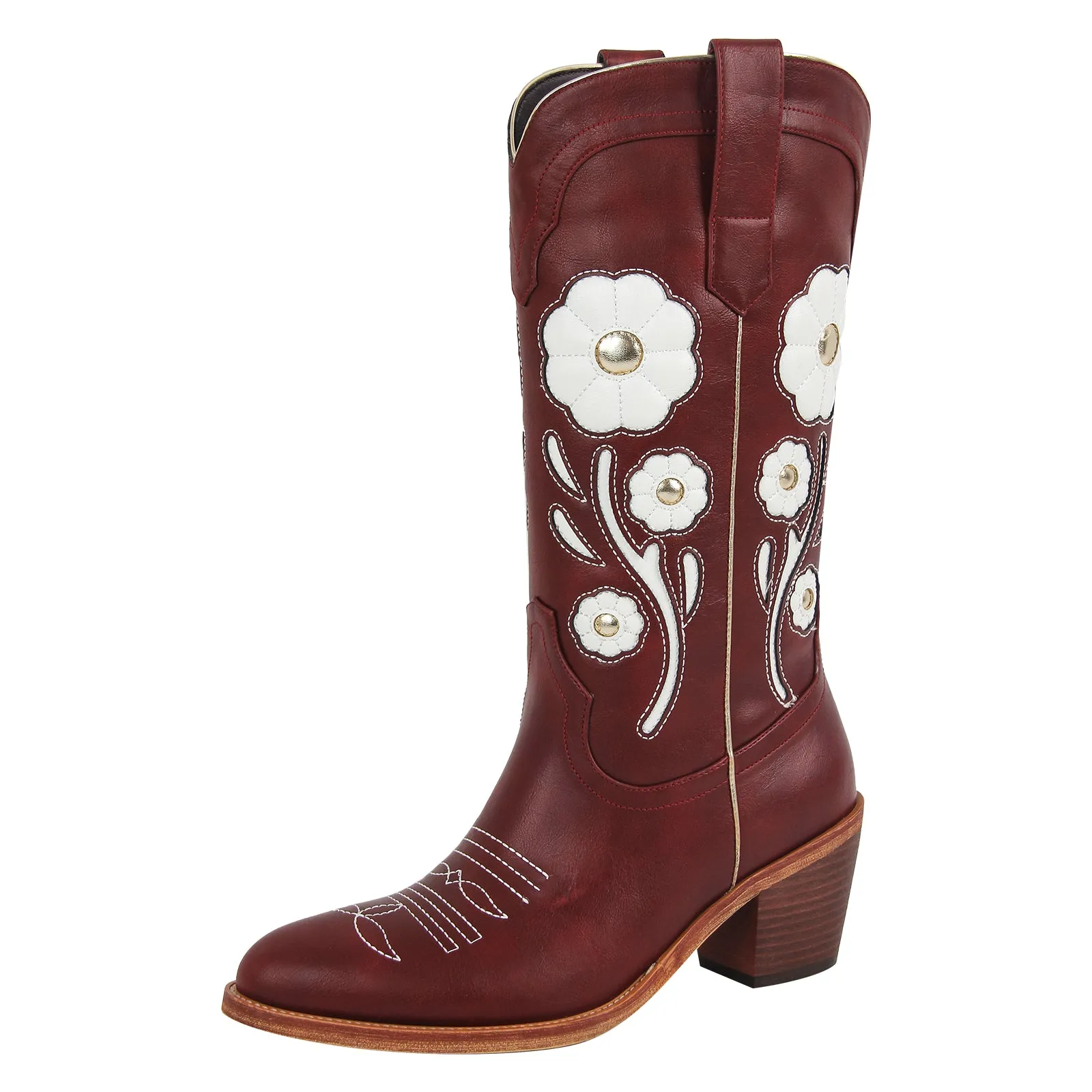 Flower Chunky Heel Mid-Calf Cowgirl Boots