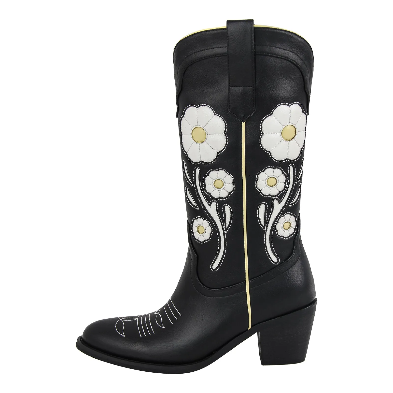 Flower Chunky Heel Mid-Calf Cowgirl Boots