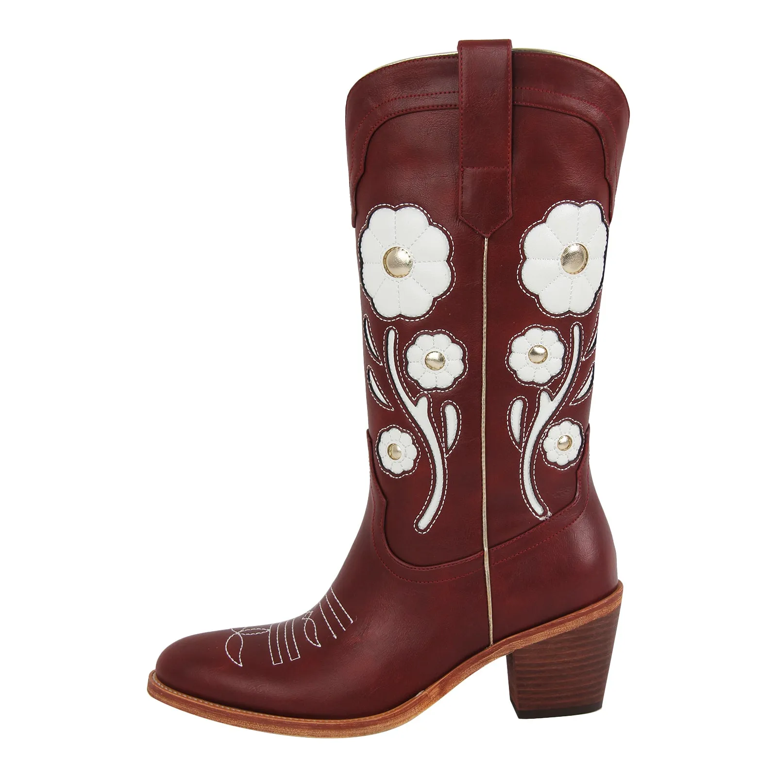 Flower Chunky Heel Mid-Calf Cowgirl Boots