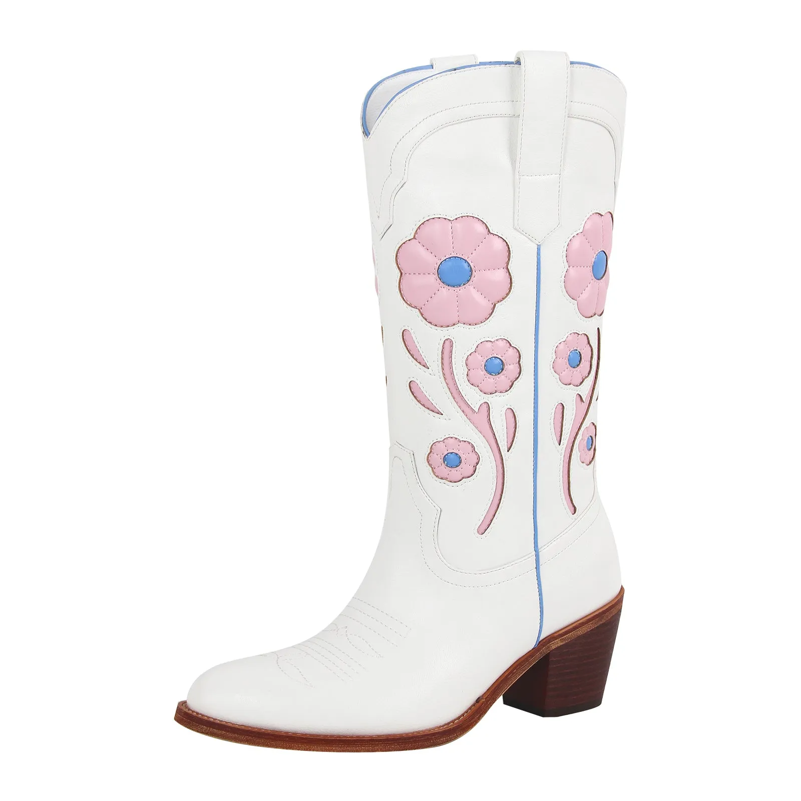 Flower Chunky Heel Mid-Calf Cowgirl Boots