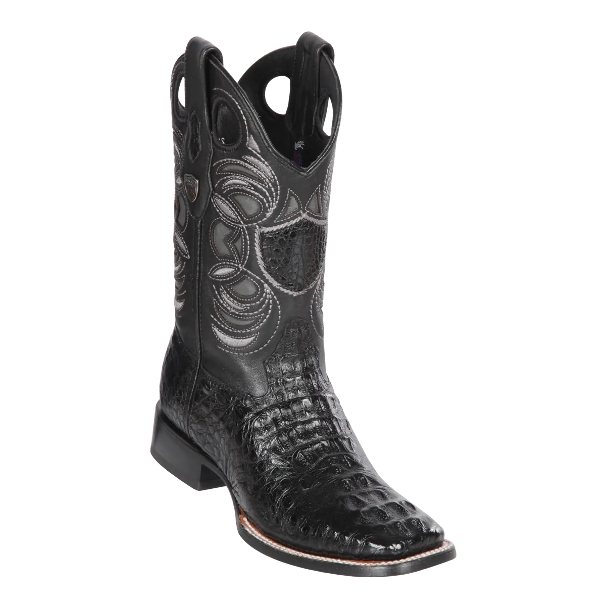 Genuine Caiman Hornback Wide Square Toe Boot in Black