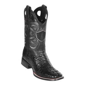 Genuine Caiman Hornback Wide Square Toe Boot in Black
