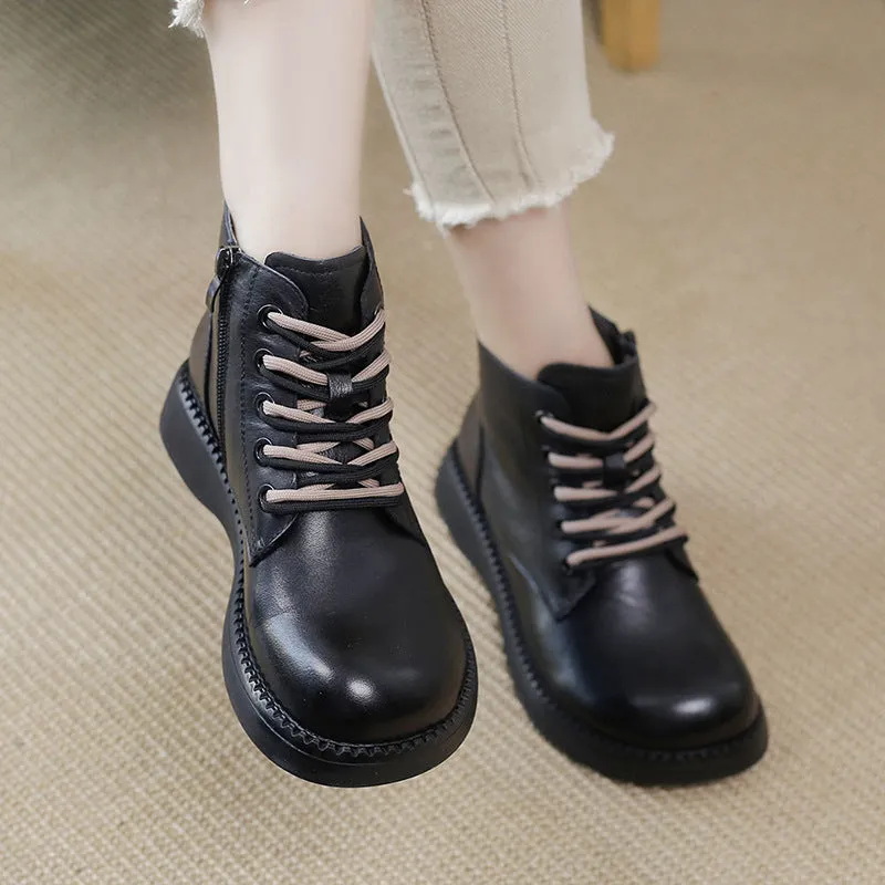 Genuine Leather Round Toe Martin Boots Thick Soled Women's Shoes