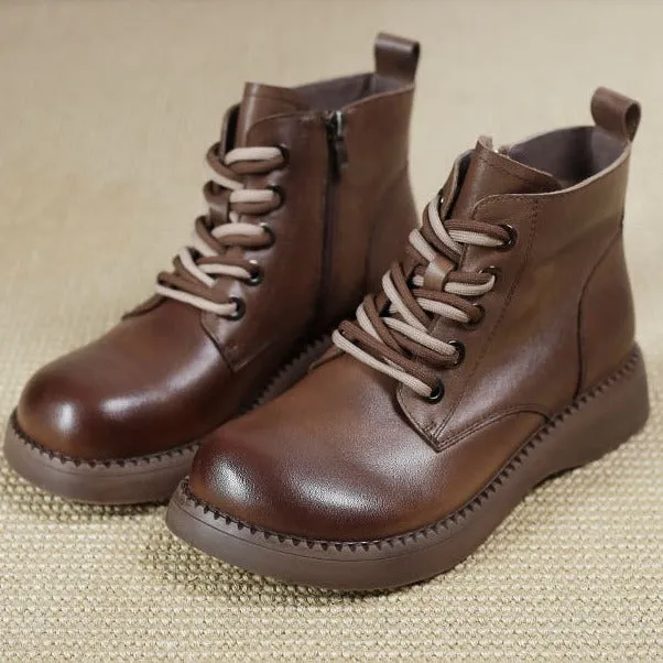 Genuine Leather Round Toe Martin Boots Thick Soled Women's Shoes